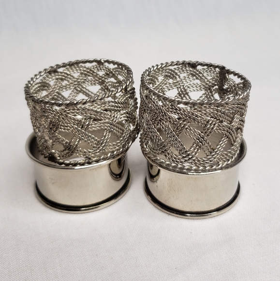Four Silver Napkin Rings Mixed Silver Plate and Silver Metal Weave - Picture 1 of 3